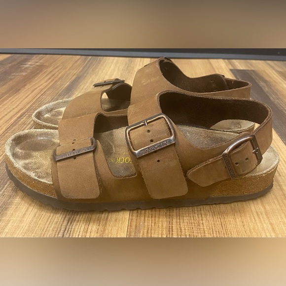 Birkenstock Unisex MILANO Brown Waxy Oiled Leather Heeled Sandals 39 M 6.5 W 8.5 - Picture 1 of 9